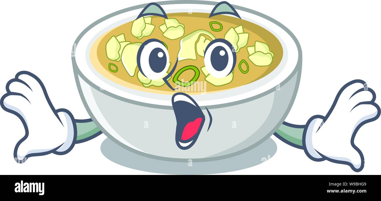 Surprised wonton soup in a cartoon bowl Stock Vector