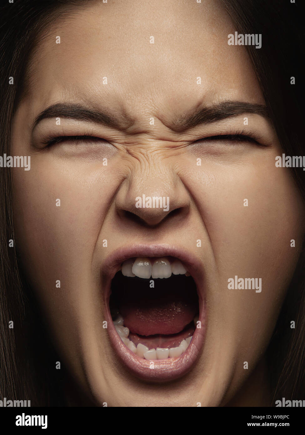 Close up portrait of young and emotional chinese woman. Highly detail photoshot of female model with well-kept skin and bright facial expression. Concept of human emotions. Angry screaming. Stock Photo