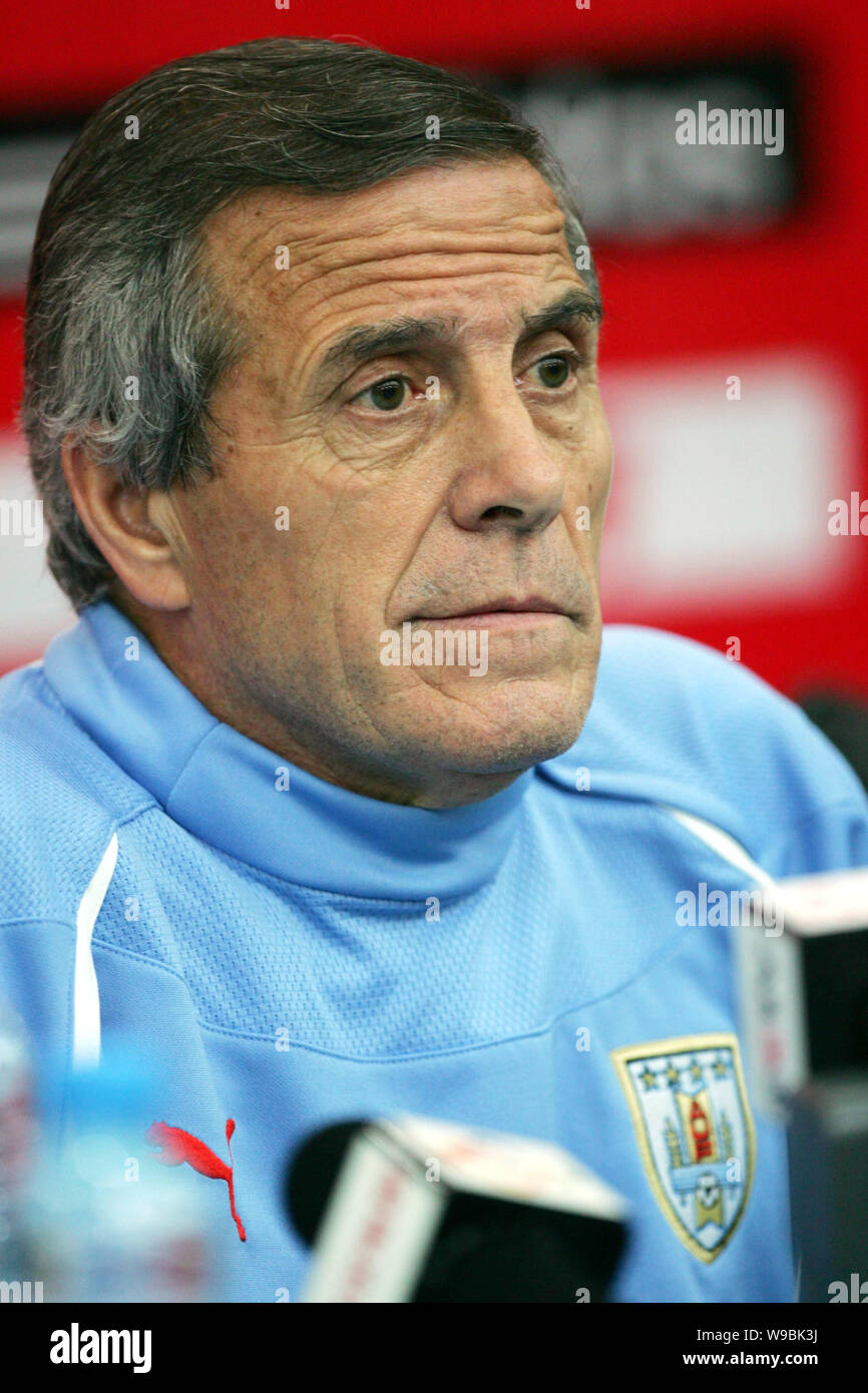 Oscar Washington Tabarez, head coach of the Uruguayan national men soccer team, is seen during a press conference after a training session for a frien Stock Photo