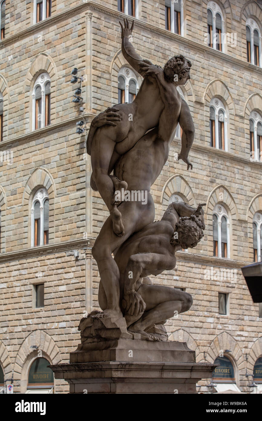 Statues on the Piazza della Signoria - Loggia dei Lanzi - The Rape of the  Sabine Women, in the center of Florence, Italy Stock Photo - Alamy