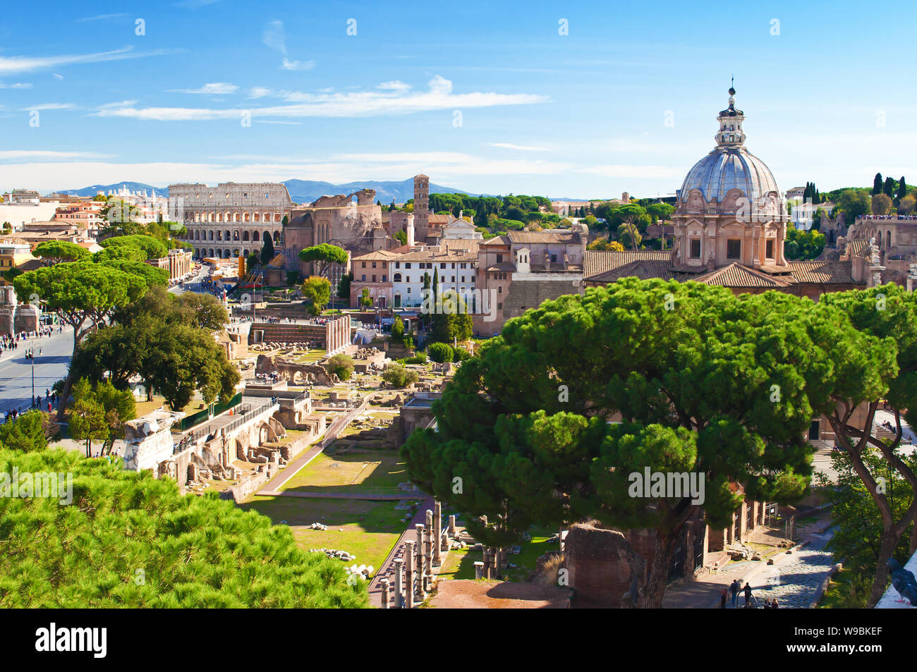 Ruins of Colosseo, Templum Pacis (Forum of Vespasian) and Tempio di Venere e Roma among many high green trees. Old town of Rome, Italy. Sunny autumn d Stock Photo