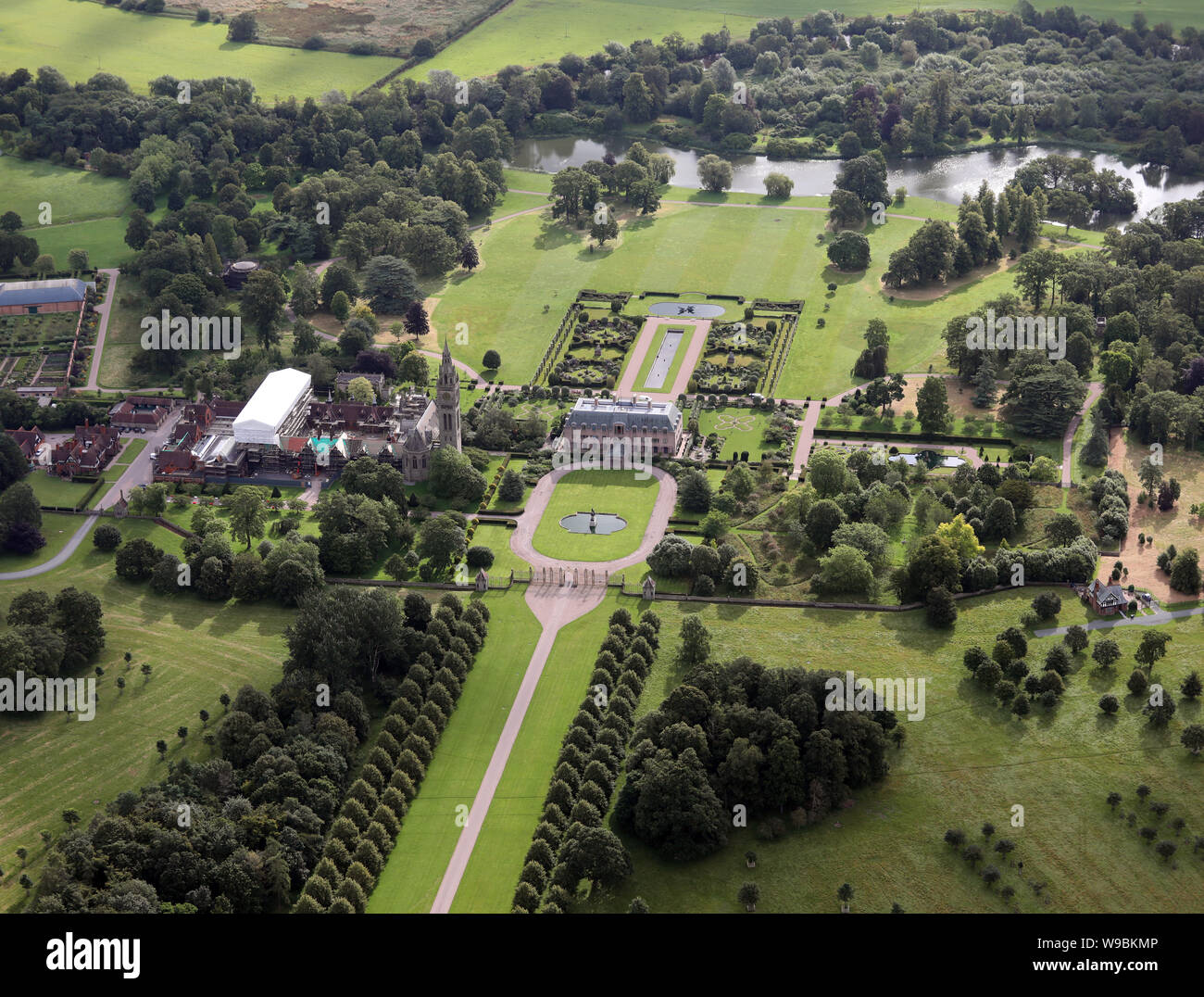 aerial view of Eaton Hall on the Duke of Westminster Eaton Estate in Cheshire, UK Stock Photo