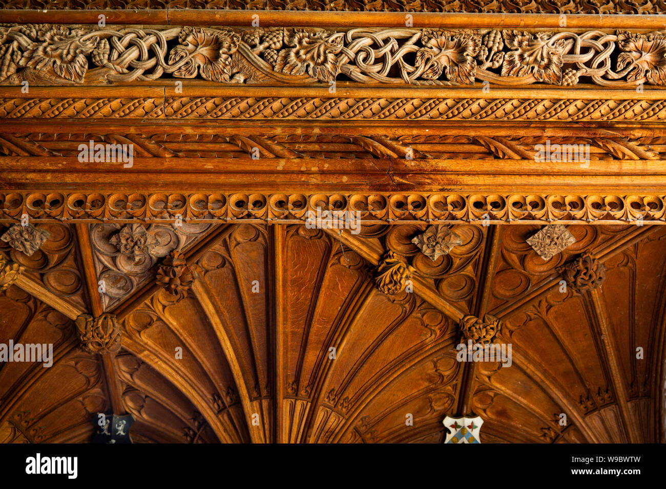 UK, England, Devon, Staverton, St Paul de Leon Church interior, rood screen carving detail Stock Photo