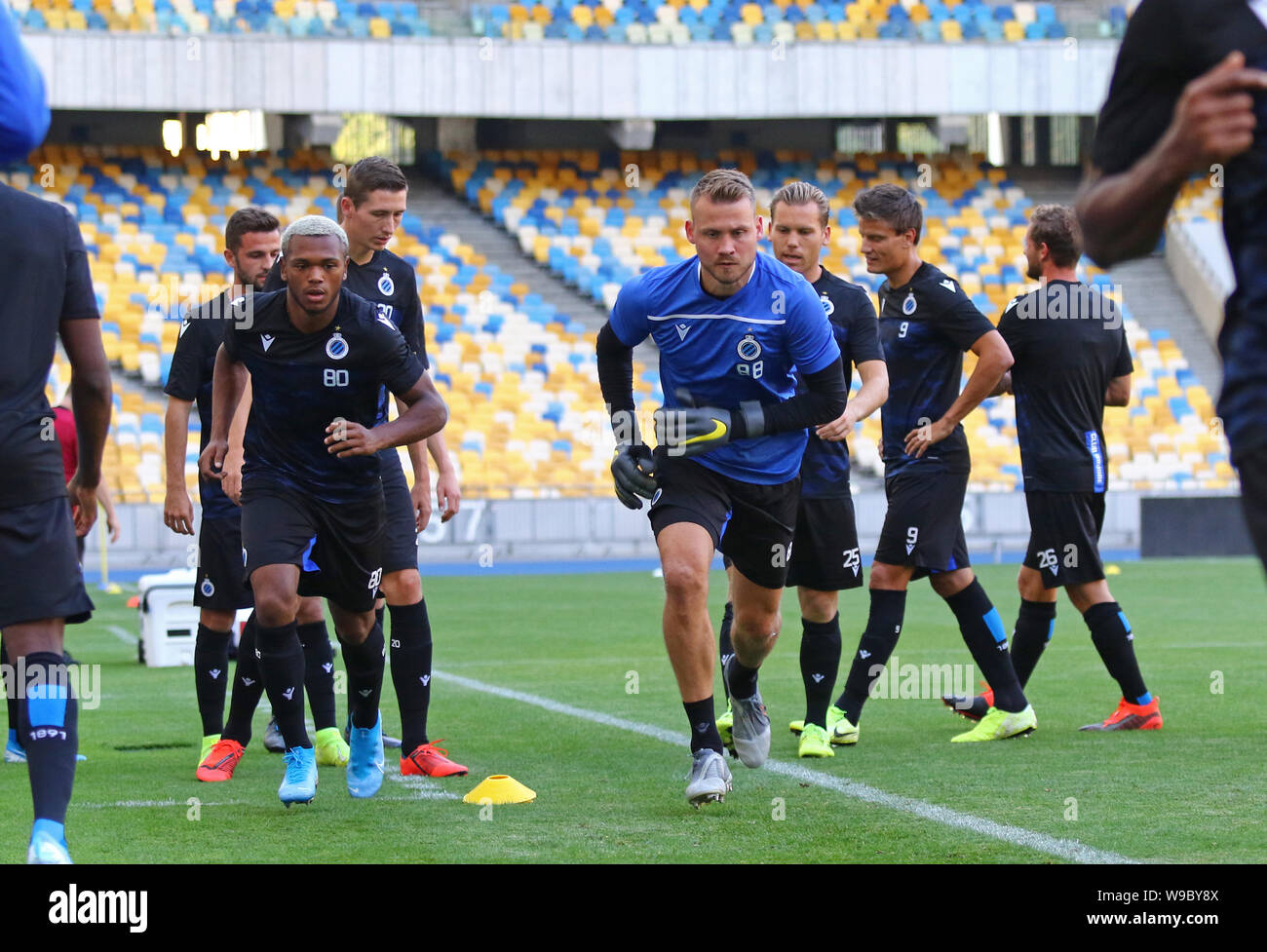 Kyiv, Ukraine. 12th August, 2019. Lois Openda and Simon Mignolet of Club Brugge in action during the training session before the UEFA Champions League 3rd qualifying round game against FC Dynamo Kyiv at NSC Olimpiyskyi stadium in Kyiv, Ukraine. Credit: Oleksandr Prykhodko/Alamy Live News Stock Photo