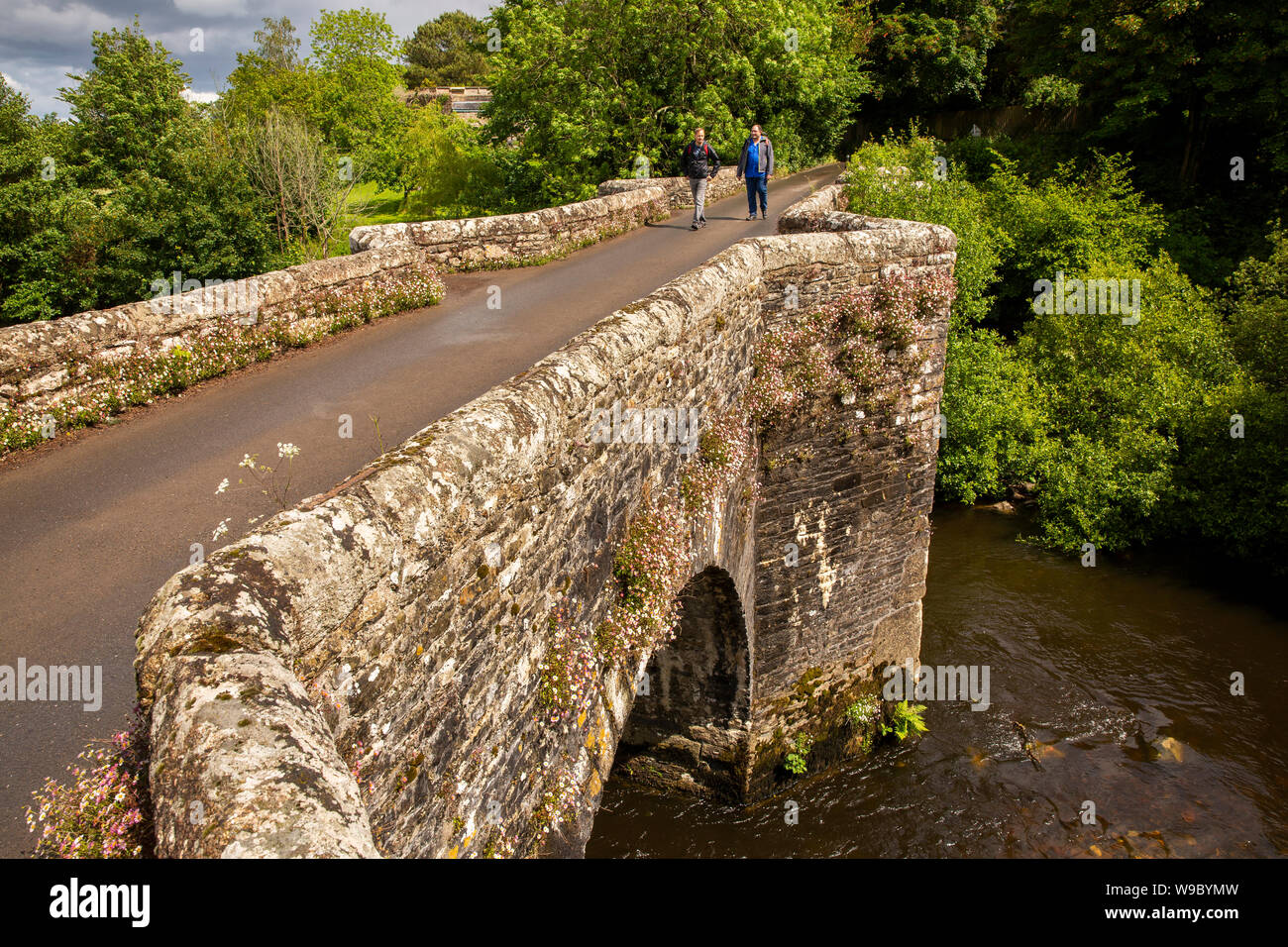UK, England, Devon, Staverton, two male walkers crossing old stone bridge over River Dart Stock Photo