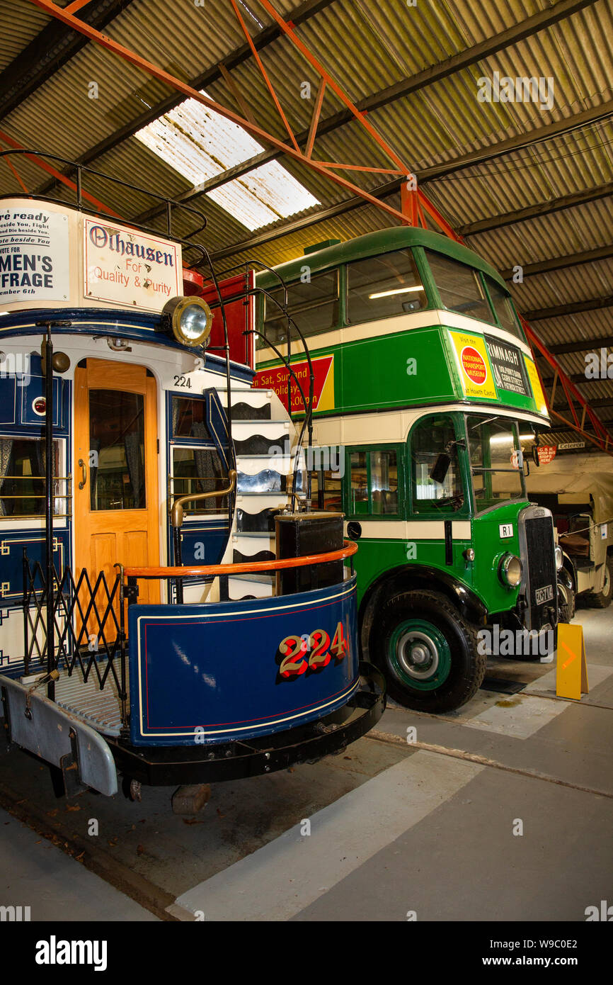 Ireland, Leinster, Fingal, Howth, Castle Demesne, National Transport Museum of Ireland, Old Dublin tram and Leyland double decker bus - first exhibit Stock Photo