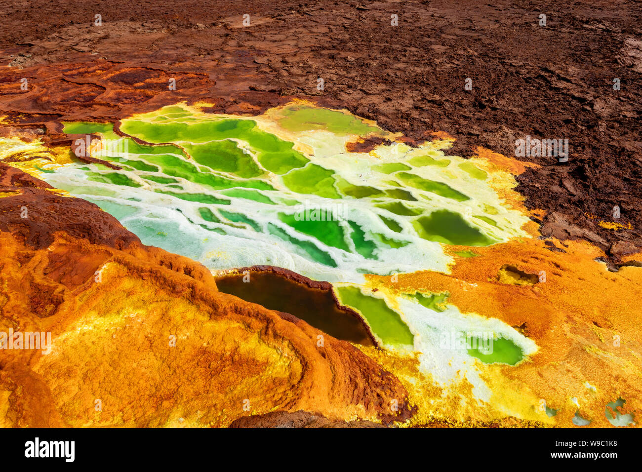 Beautiful small sulfur lakes Dallol, Ethiopia. Danakil Depression is the hottest place on Earth in terms of year-round average temperatures. It is als Stock Photo