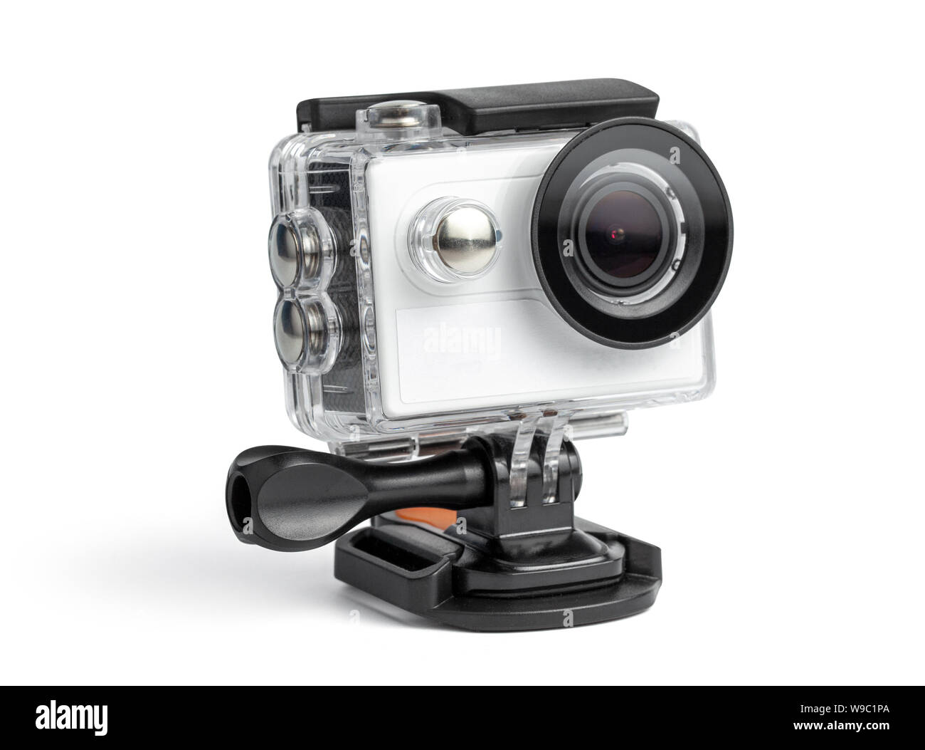 Action camera in a waterproof box isolated on white background. Stock Photo