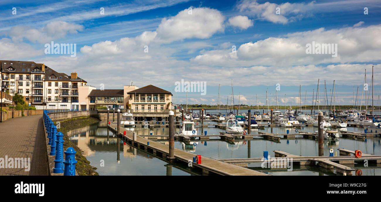 Ireland, Leinster, Fingal, Co Dublin, Malahide, Marina village Geisha Restaurant at Yacht Club and boat mooring, panoramic Stock Photo