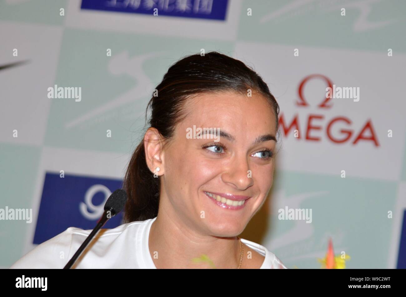 Russian pole vault world record holder Yelena Isinbayeva is seen during a press conference for the upcoming Shanghai Golden Grand Prix in Shanghai, Ch Stock Photo