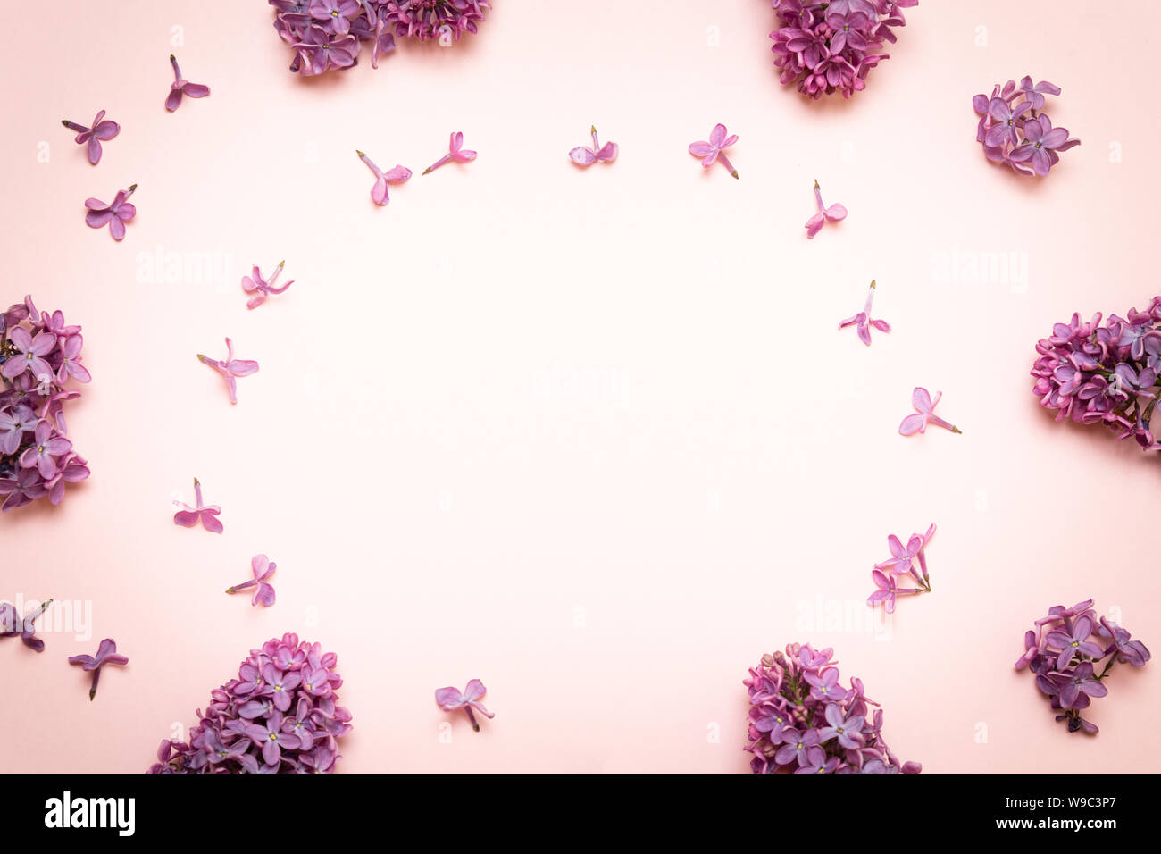 Easter and spring flat lay concept on a pink background. Floral frame ...