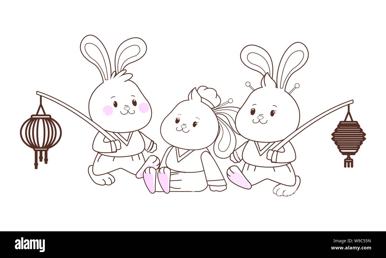 Rabbits Celebrating Mid Autumn Festival Cartoons In Black And White Stock Vector Image Art Alamy