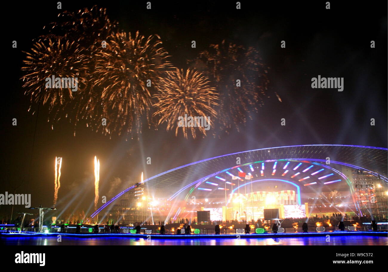 Fireworks explode over the SunMoon Mansion, including the Solar Valley