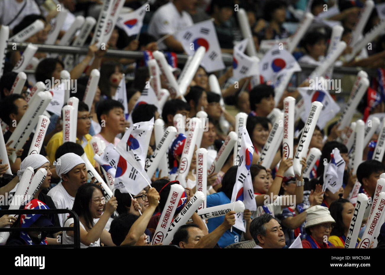 South Korean fans waves flags and hit inflatable sticks to show support
