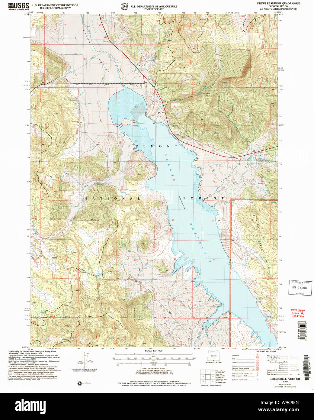 USGS Topo Map Oregon Drews Reservoir 279700 2004 24000 Restoration Stock Photo