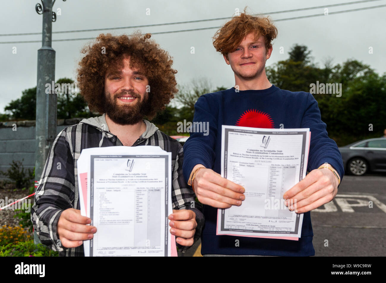 Schull, West Cork, Ireland. 13th Aug, 2019. Almost 59,000 students were due to receive their Leaving Cert results today, a day earlier than previous years. Receiving their results at Schull Community College were James Kelly, Goleen ad Alex Maguire, Schull. Credit: Andy Gibson/Alamy Live News. Stock Photo