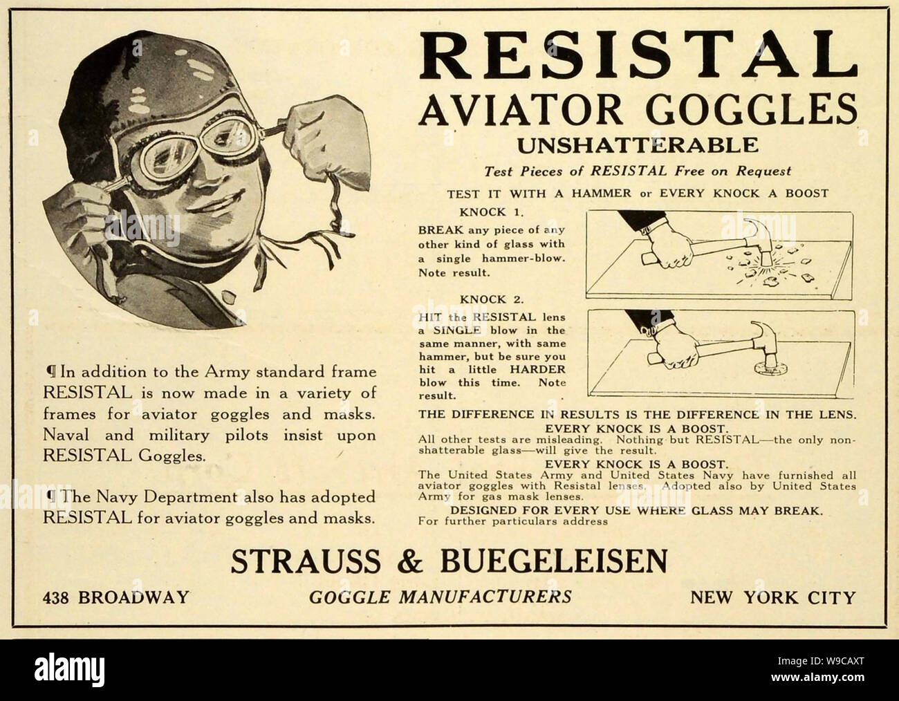 AVIATOR GOGGLES advert 1918 Stock Photo