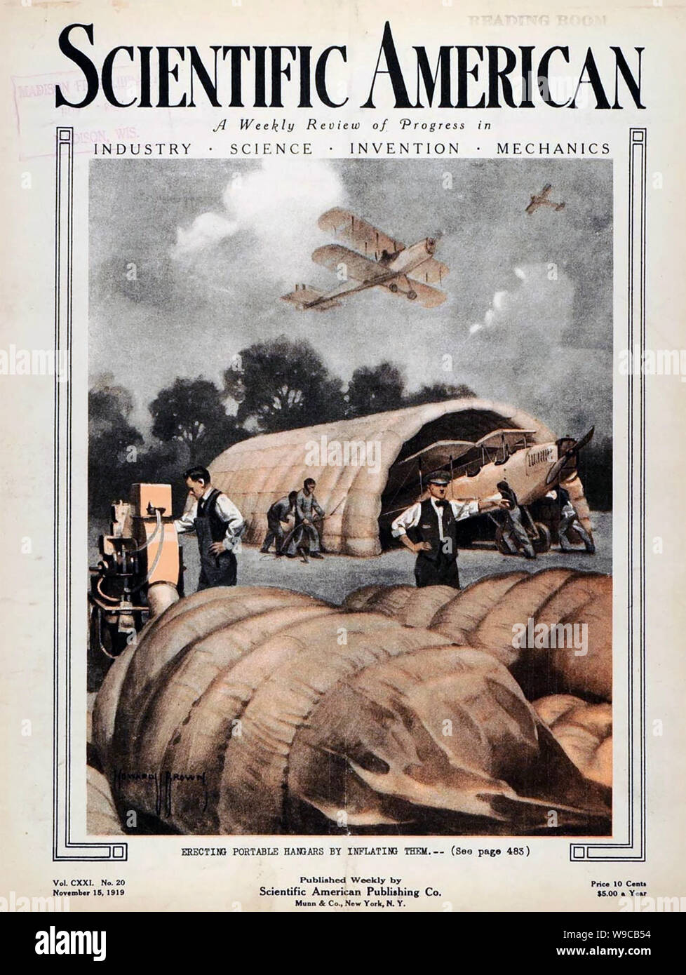 SCIENTIFIC AMERICAN A 1919 issue of the American magazine shows an inflatable aircraft hanger on the cover Stock Photo