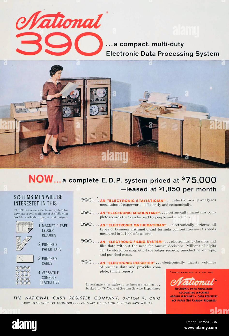 NATIONAL CASH REGISTER (NCR) advert 1960 promoting magnetic tape storgae, punched cards, punched paper tape. Stock Photo