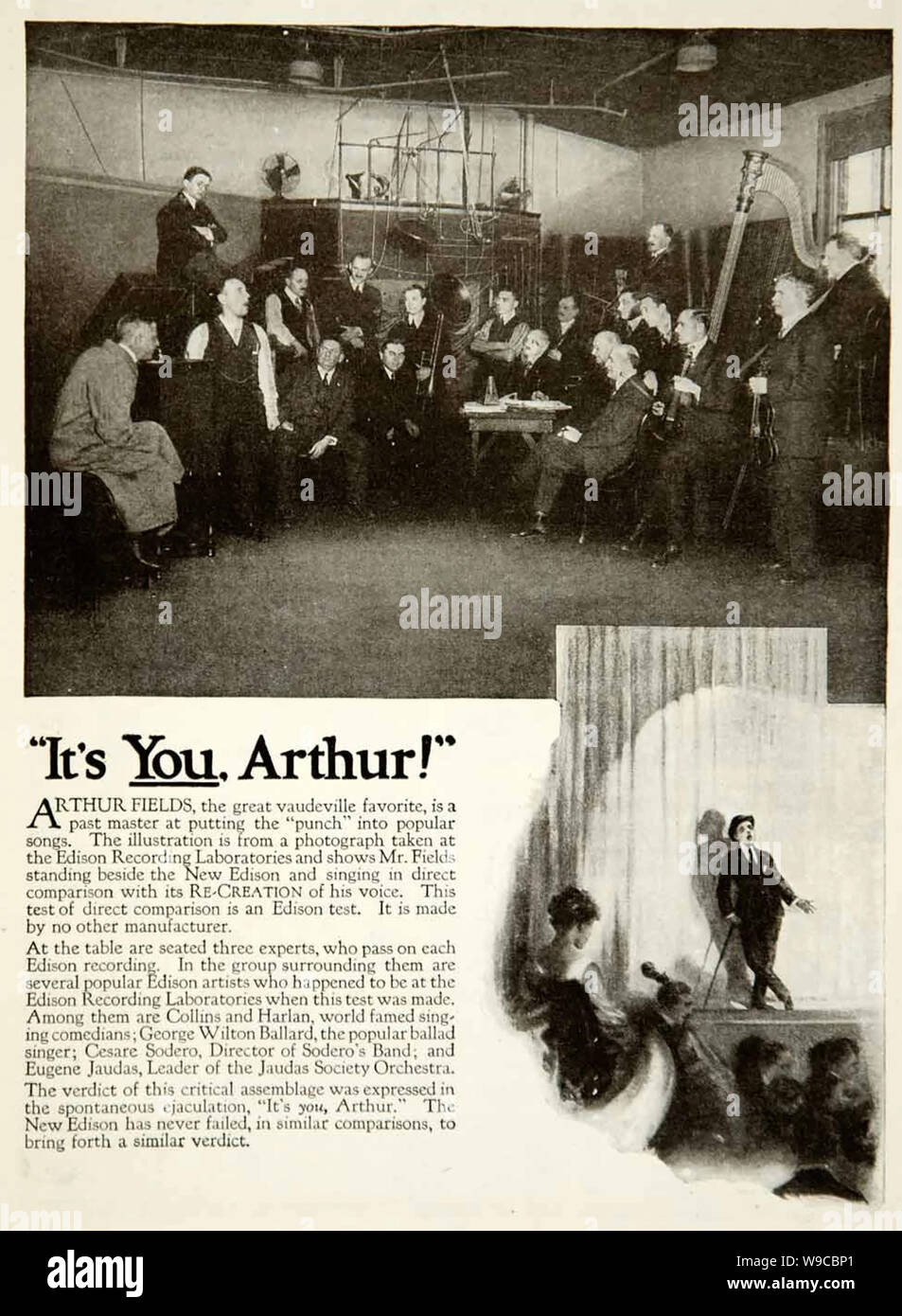 THOMAS ALVA EDISON (1847-1931) American inventor. A 1919 advert promoting his phonograph sound recording system using popular entertainer Arthur Fields. Stock Photo