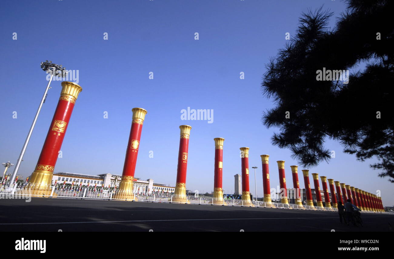 --FILE--The National Day celebrative pillars are seen on the Tiananmen Square in Beijing, China, 21 September 2009.   It may have been a well-intended Stock Photo