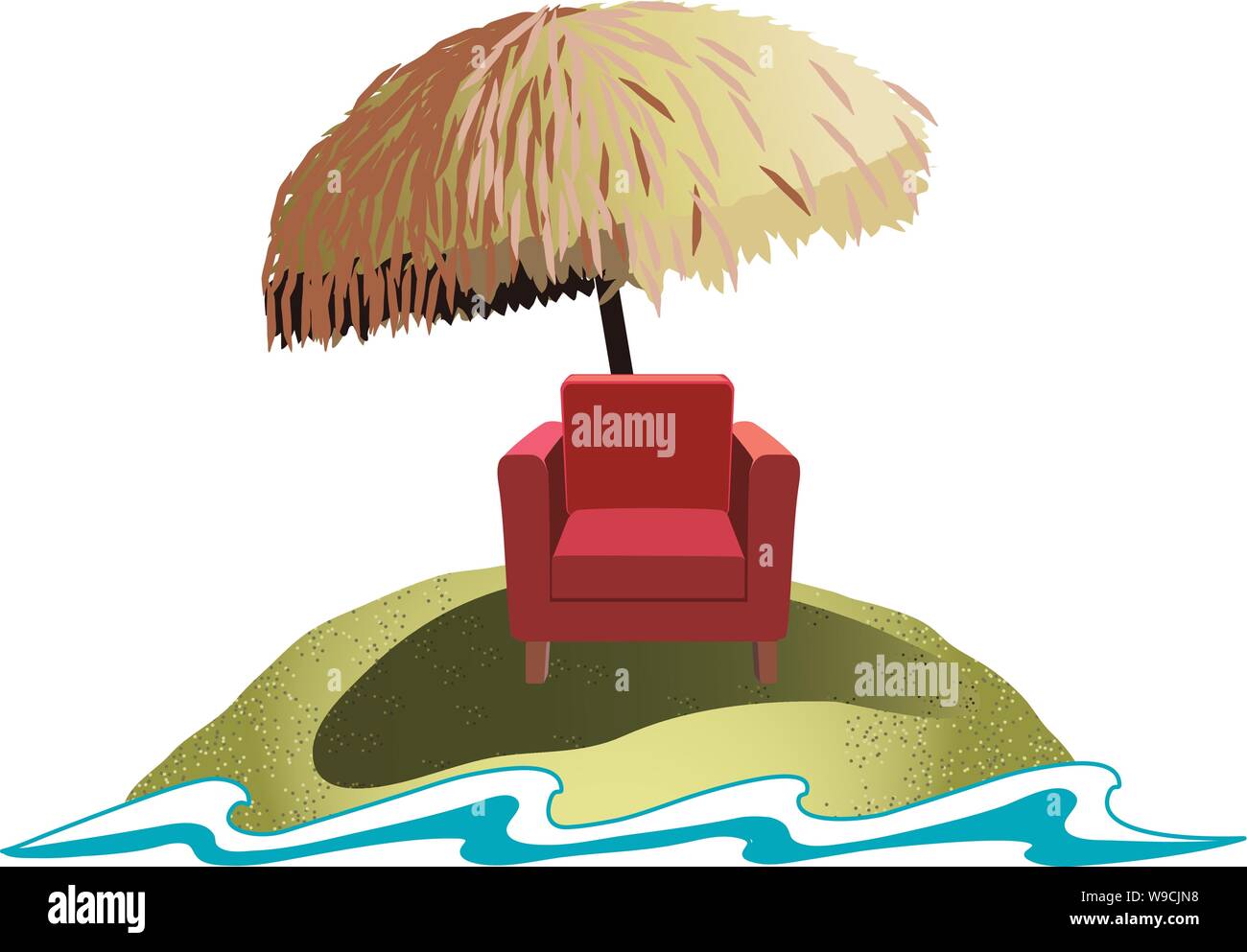 Comfortable vacation chair sitting shaded underneath a grass made umbrella on a small island as an ocean wave beats against the shore Stock Vector