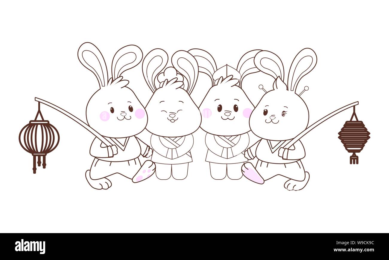 Rabbits Celebrating Mid Autumn Festival Cartoons In Black And White Stock Vector Image Art Alamy