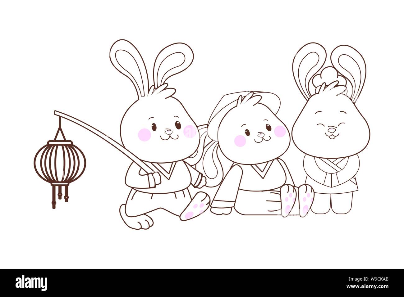 Rabbits Celebrating Mid Autumn Festival Cartoons In Black And White Stock Vector Image Art Alamy