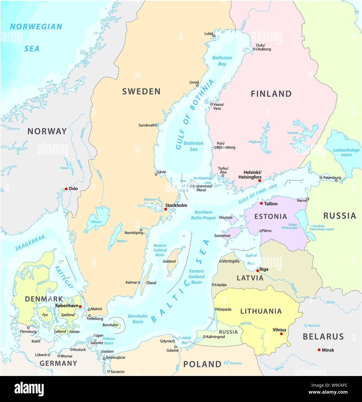map of the baltic sea the marginal sea of the atlantic ocean Stock Vector