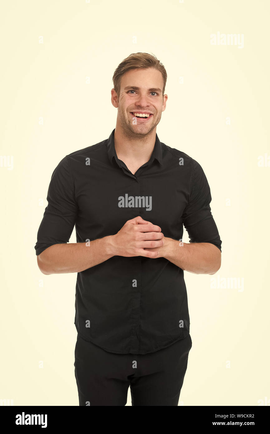 Reasons black is the only color worth wearing. Man elegant manager wear  black formal outfit on white background. Elegance in simplicity. Rules for  wearing all black clothing. Black fashion trend Stock Photo -