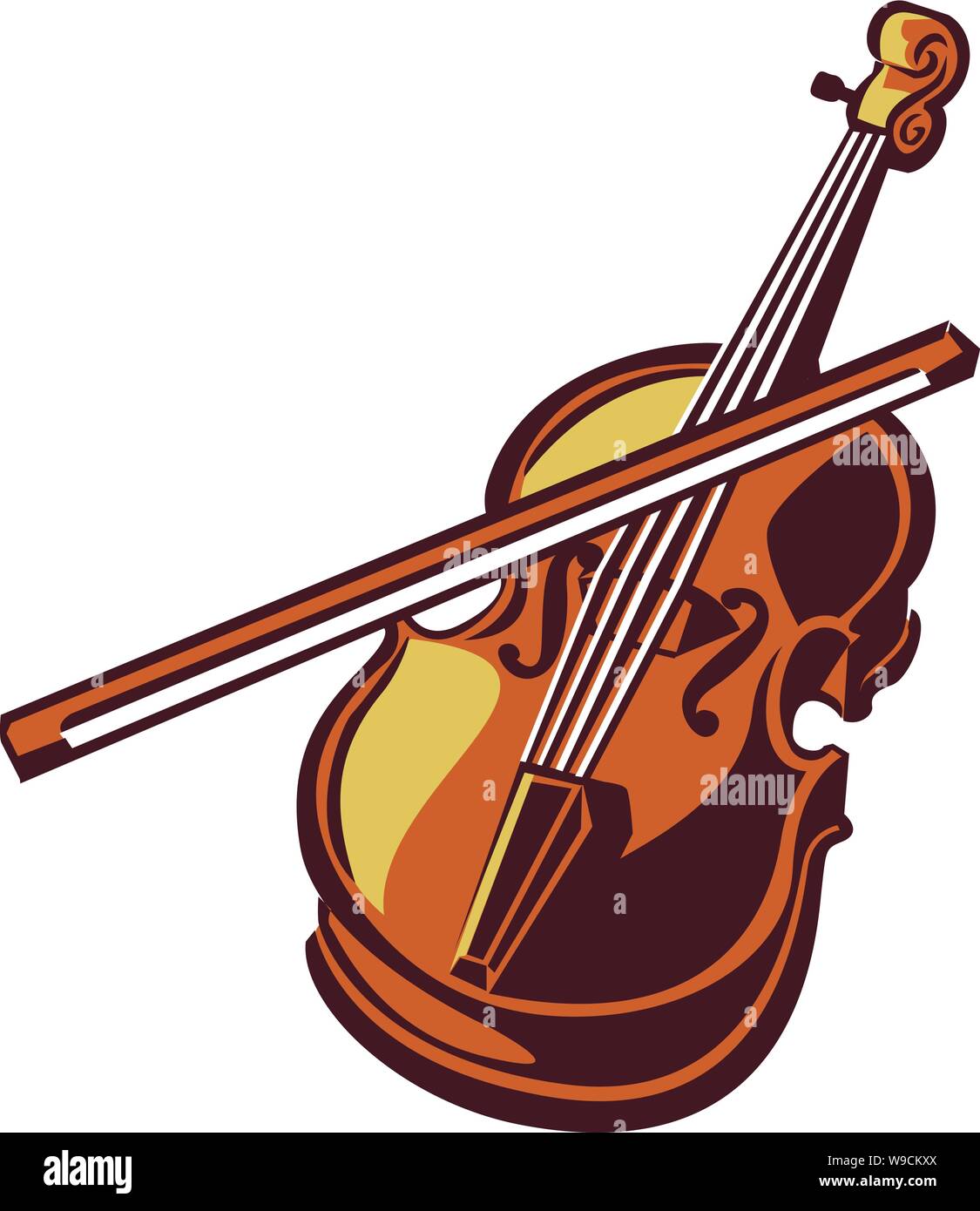 Violin with bow crossing the strings done in flat color Stock Vector