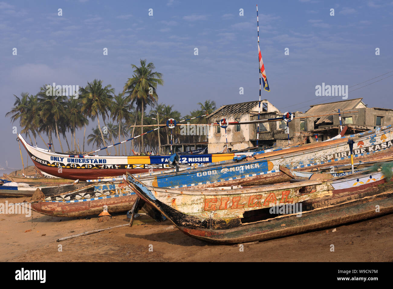 Colorful fishing boats in Prampram near Accra, Ghana Stock Photo