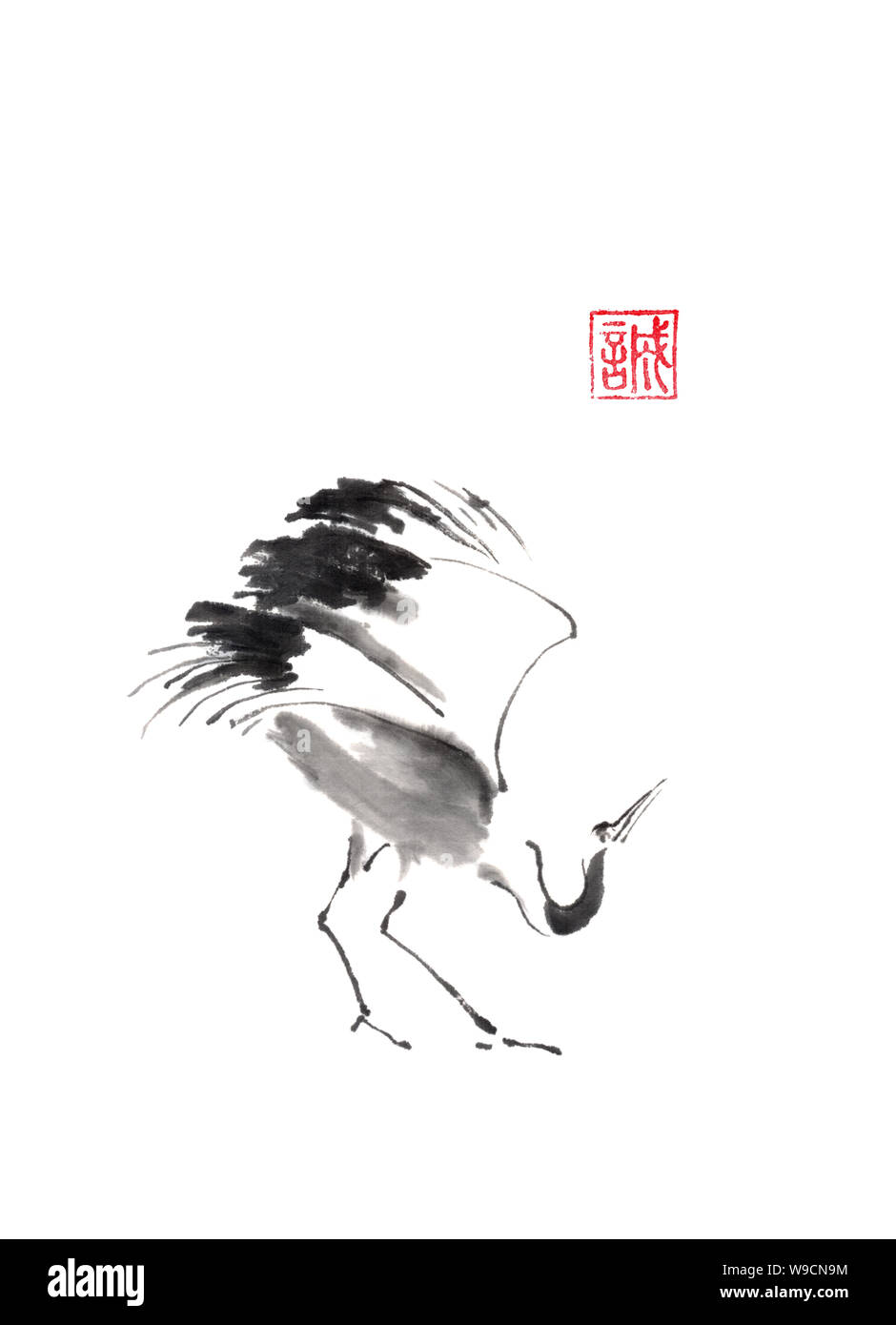 Dancing crane Japanese style original sumi-e ink painting