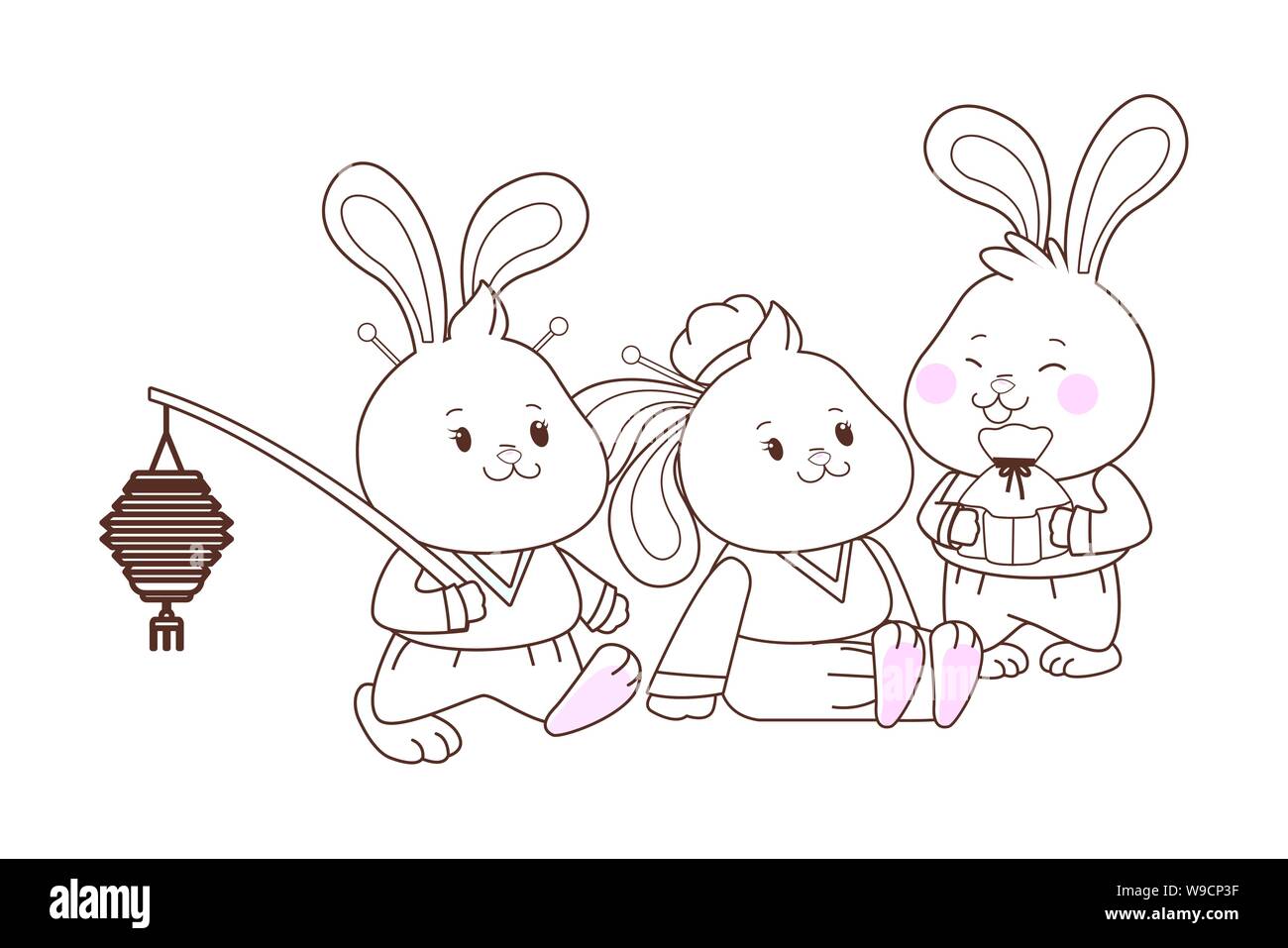 Rabbits Celebrating Mid Autumn Festival Cartoons In Black And White Stock Vector Image Art Alamy