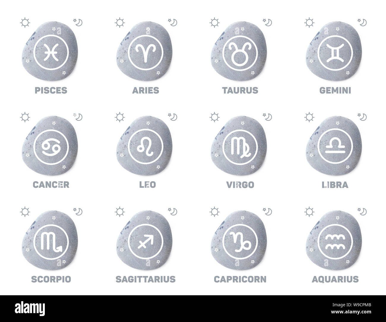 Set of the white zodiac signs on a round, smooth, gray stone, isolated on a white background, top view. Astrological forecast, horoscope for children Stock Photo