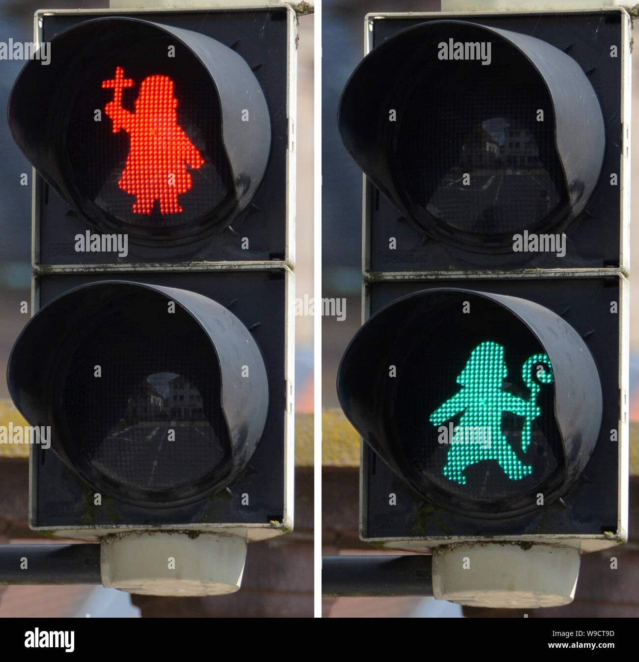 Fulda, Germany. 13th Aug, 2019. The picture combo shows a traffic light on the left, where a red Bonifatius with a warning cross asks the pedestrian to stop. On the right a green Bonifatius, who points out with a shepherd's staff that crossing the road is allowed. The East Hessian bishop's town has mounted traffic light men in the shape of St. Boniface at a first intersection. Credit: Jörn Perske/dpa/Alamy Live News Stock Photo