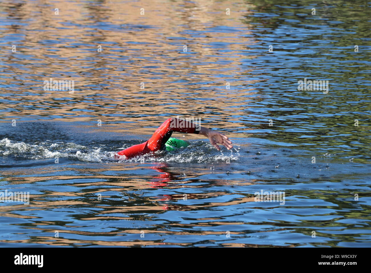 A swimmer taking a stroke in Evergreen Lake while competing in the Evergreen Sprint Triathlon Stock Photo
