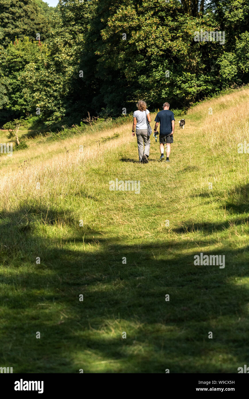 Dog walkers walking their dog through a meadow in the Somerset