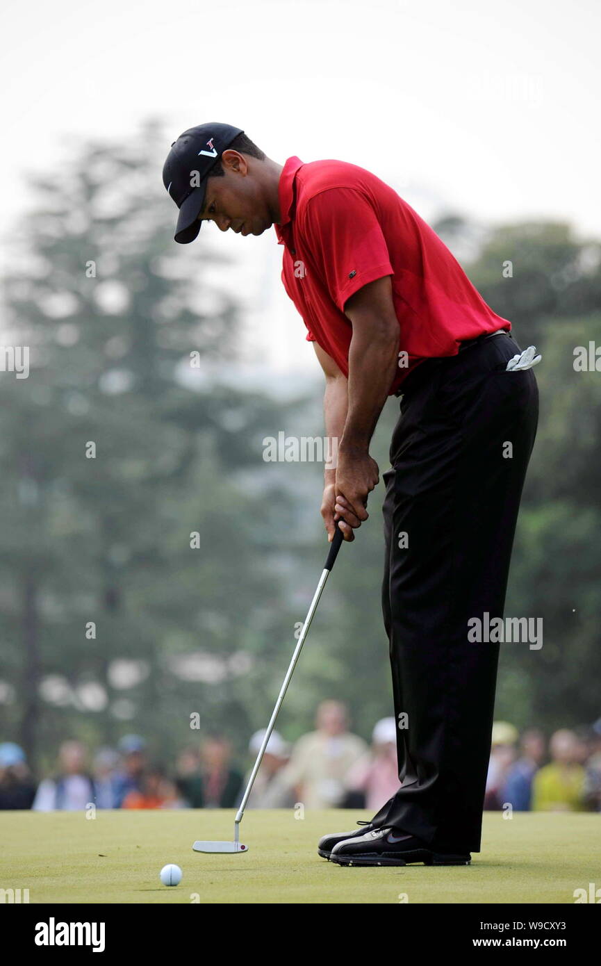World number one golfer Tiger Woods of the United States putts during the final round of the HSBC Champions golf tournament at the Sheshan Internation Stock Photo