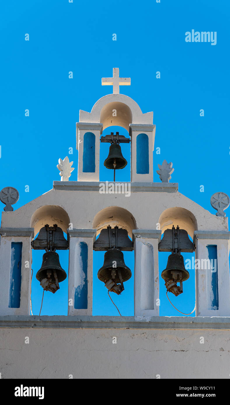 The four bells of the St John the Baptist Church bell Tower in Fira