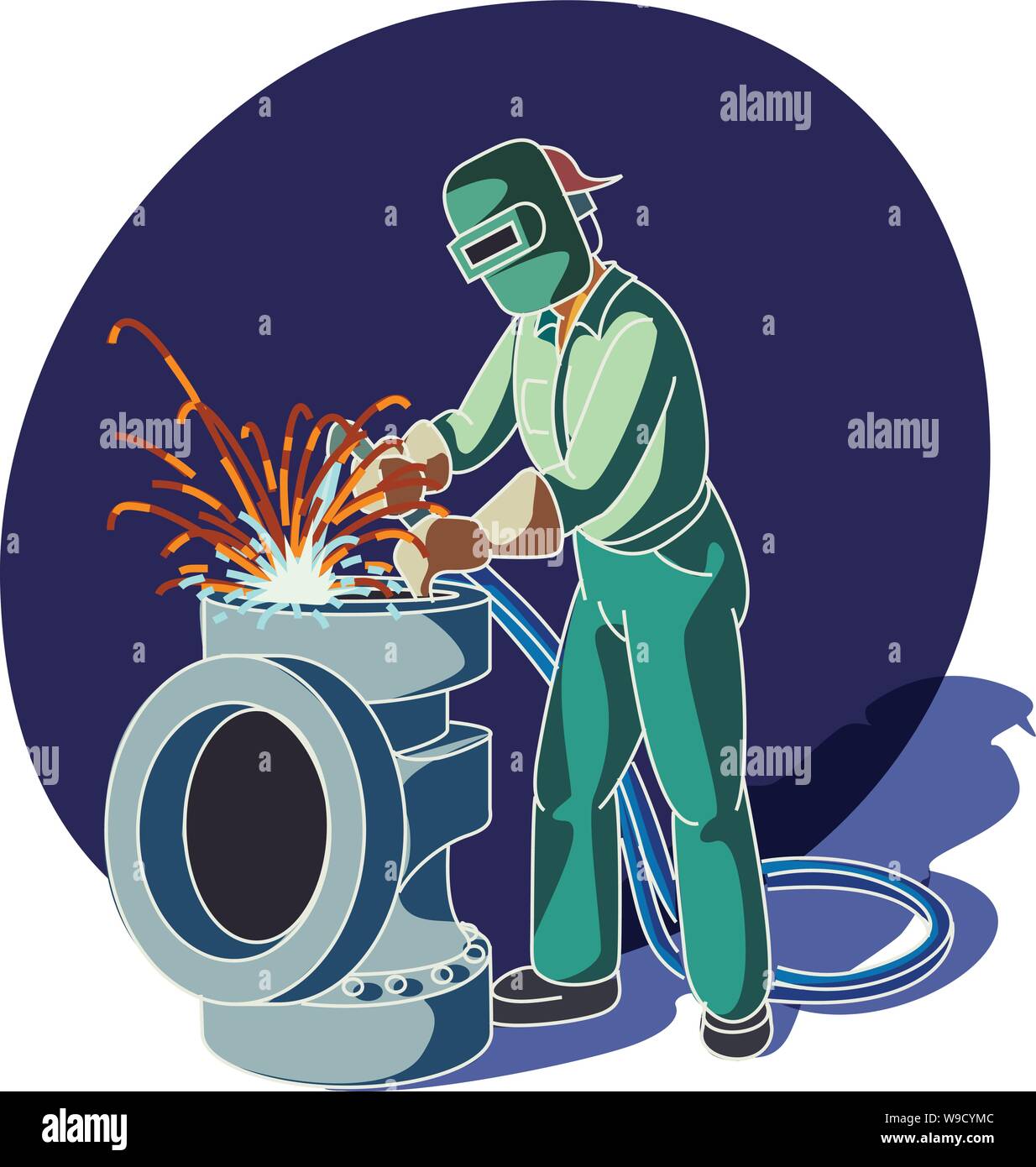 Welder in green jumpsuit clothes welding a pipe with sparks flying out Flat color white line on an oval dark background Stock Vector