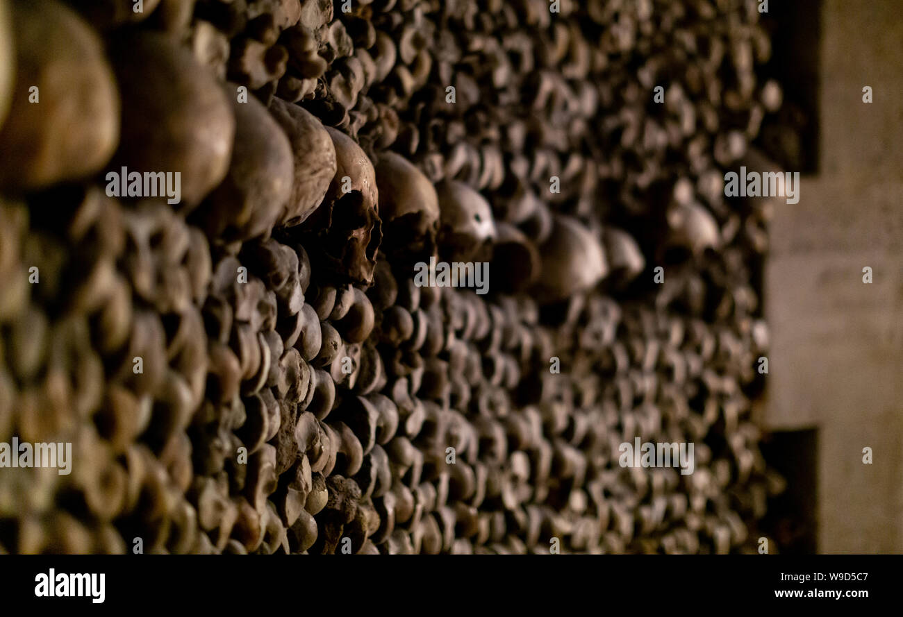 The catacombs in Paris, France began in 1774. They were completed by 1810 and first opened to the public in 1874. The remains of more than six million Stock Photo