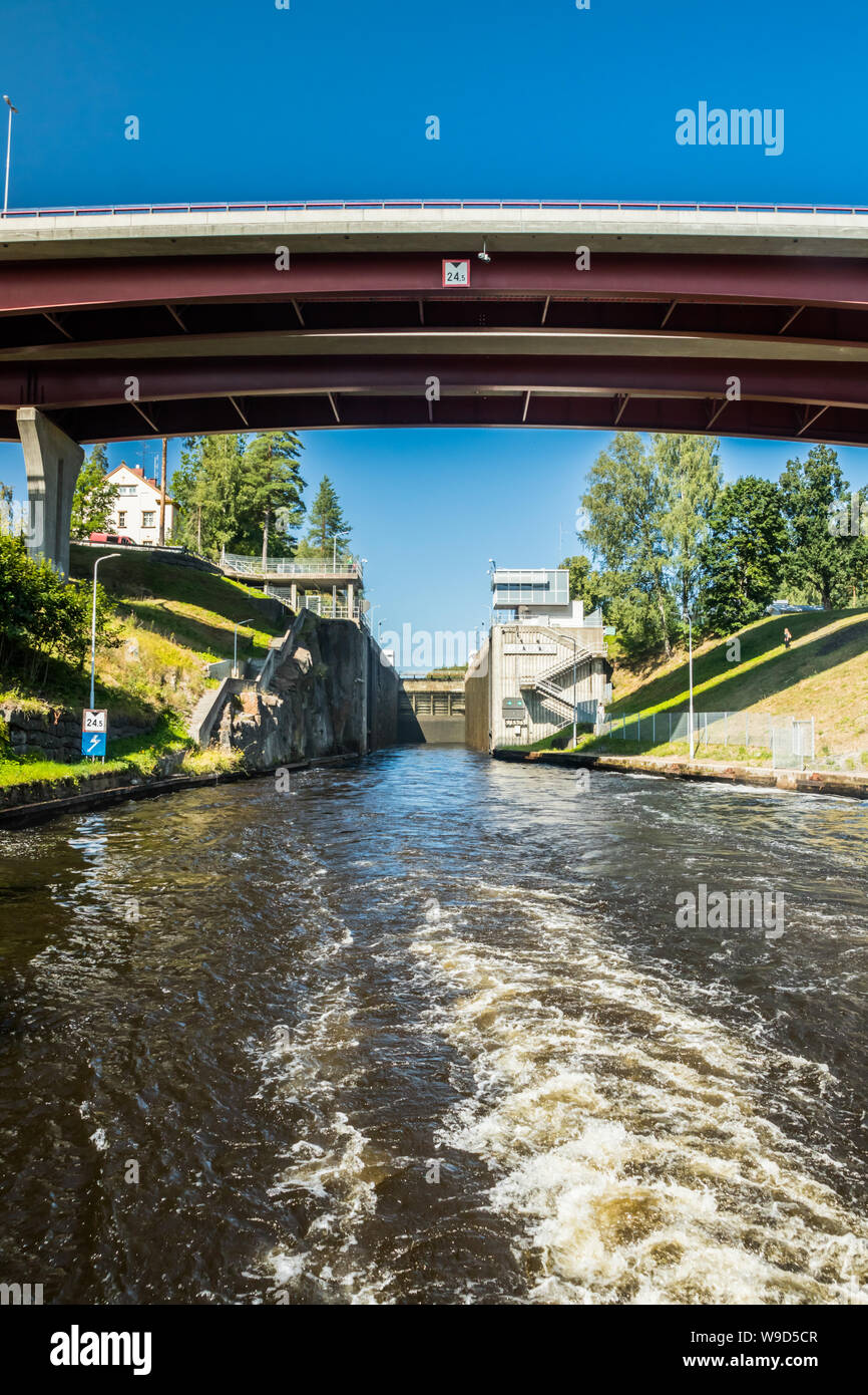 Lappeenranta, Finland - August 7, 2019: Lock and bridge on the Saimaa Canal at Malkia. View from water. Stock Photo