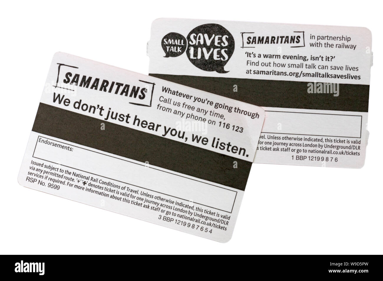 Samaritans we don't just hear you we listen, small talk saves lives - information on back of rail train tickets Stock Photo