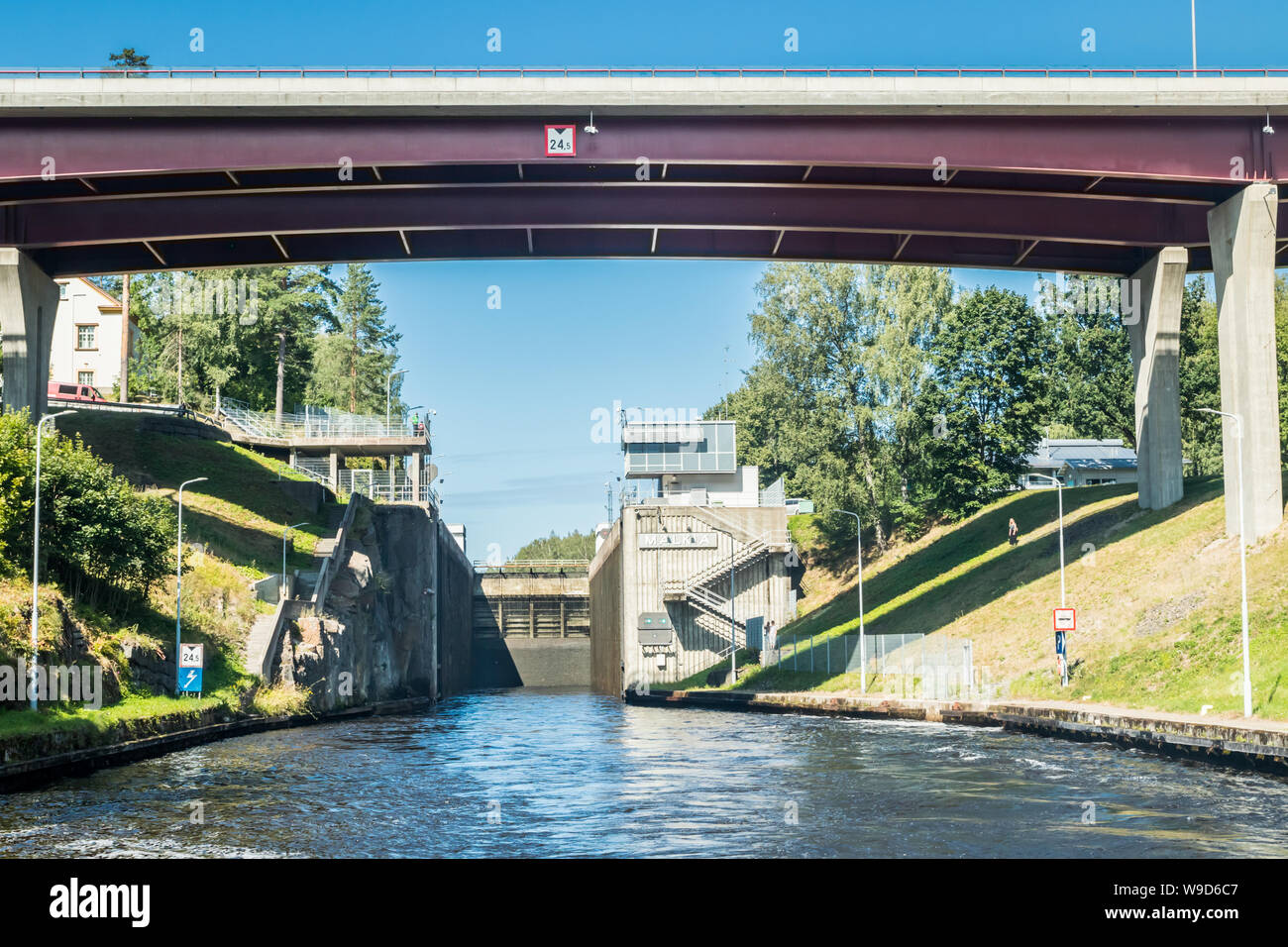 Lappeenranta, Finland - August 7, 2019: Lock and bridge on the Saimaa Canal at Malkia. View from water. Stock Photo