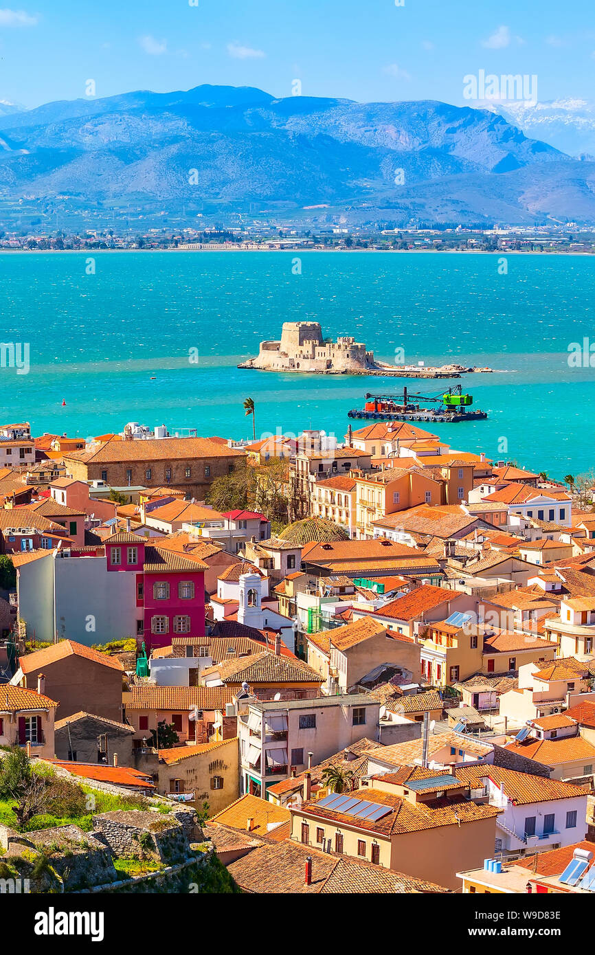 Nafplio or Nafplion, Greece, Peloponnese old town aerial panorama with sea and Bourtzi fortress Stock Photo