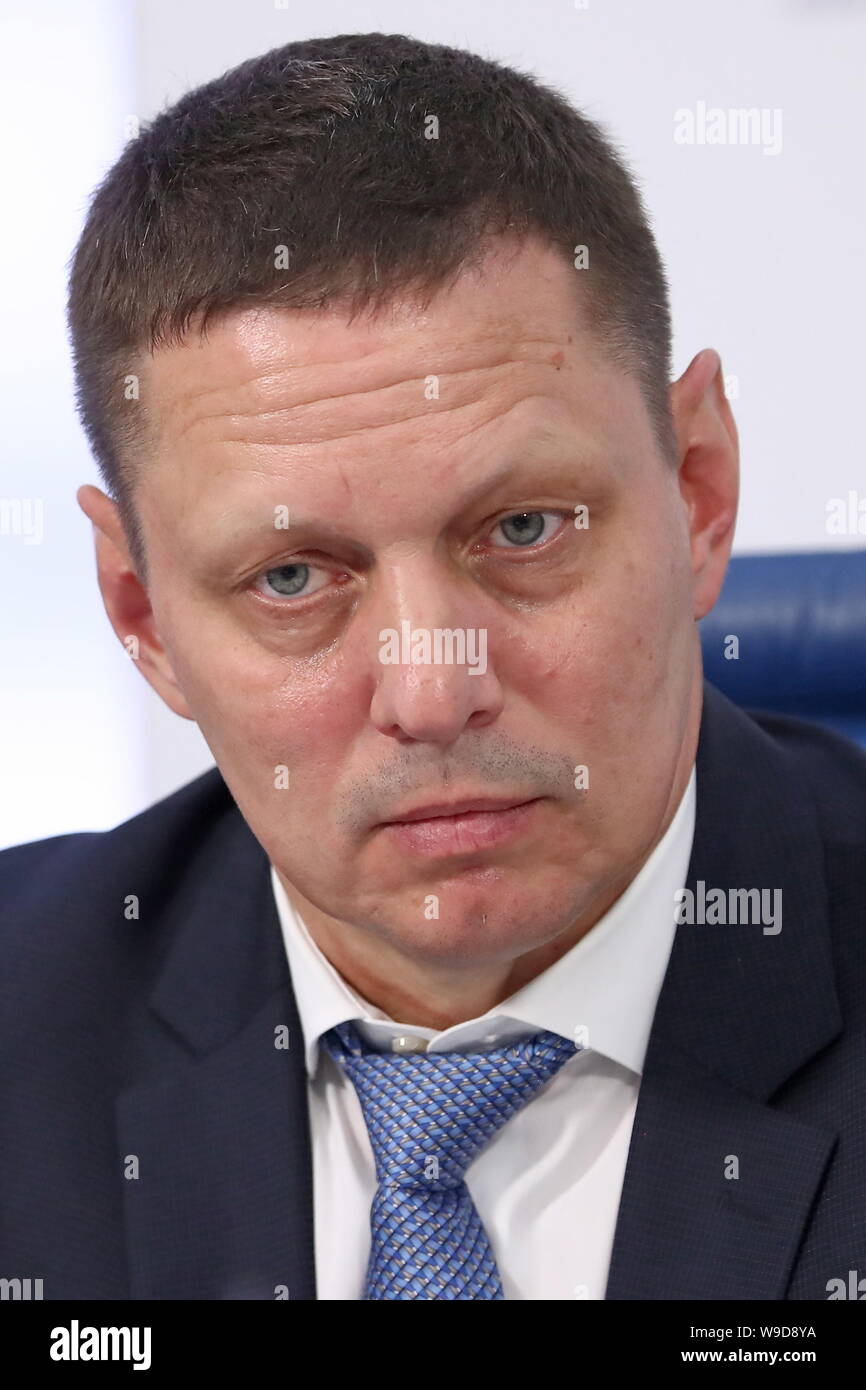 Moscow, Russia. 13th Aug, 2019. MOSCOW, RUSSIA - AUGUST 13, 2019: Russian Handball Federation General Director Lev Voronin at a press conference by the Spartak Moscow handball club, the Russian Handball Federation,