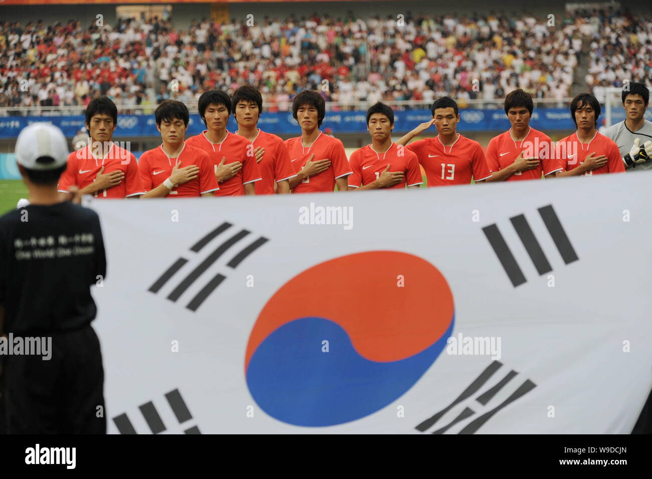 Members of the start squad of the South Korean National Men Soccer team pose before competing with players of Honduras at a Group D match of the Mens Stock Photo