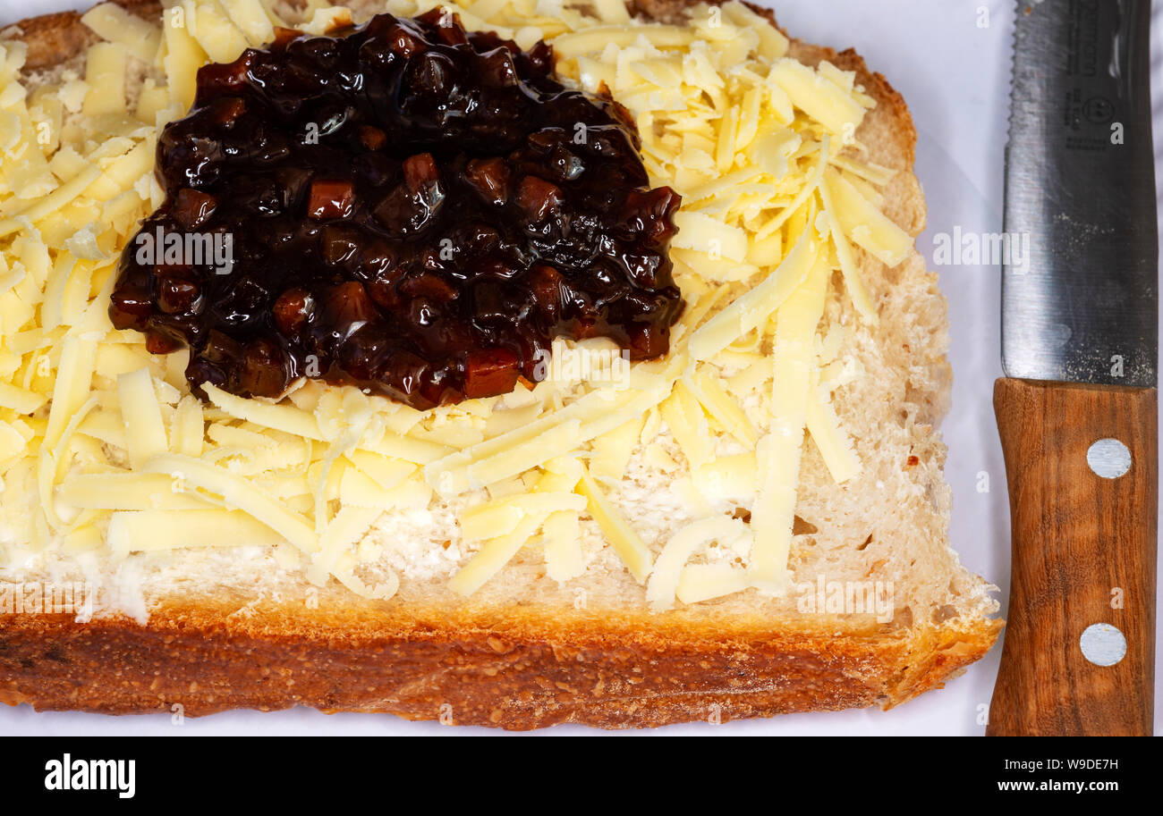 Branston pickle small chunks on grated cheese sandwich Stock Photo Alamy