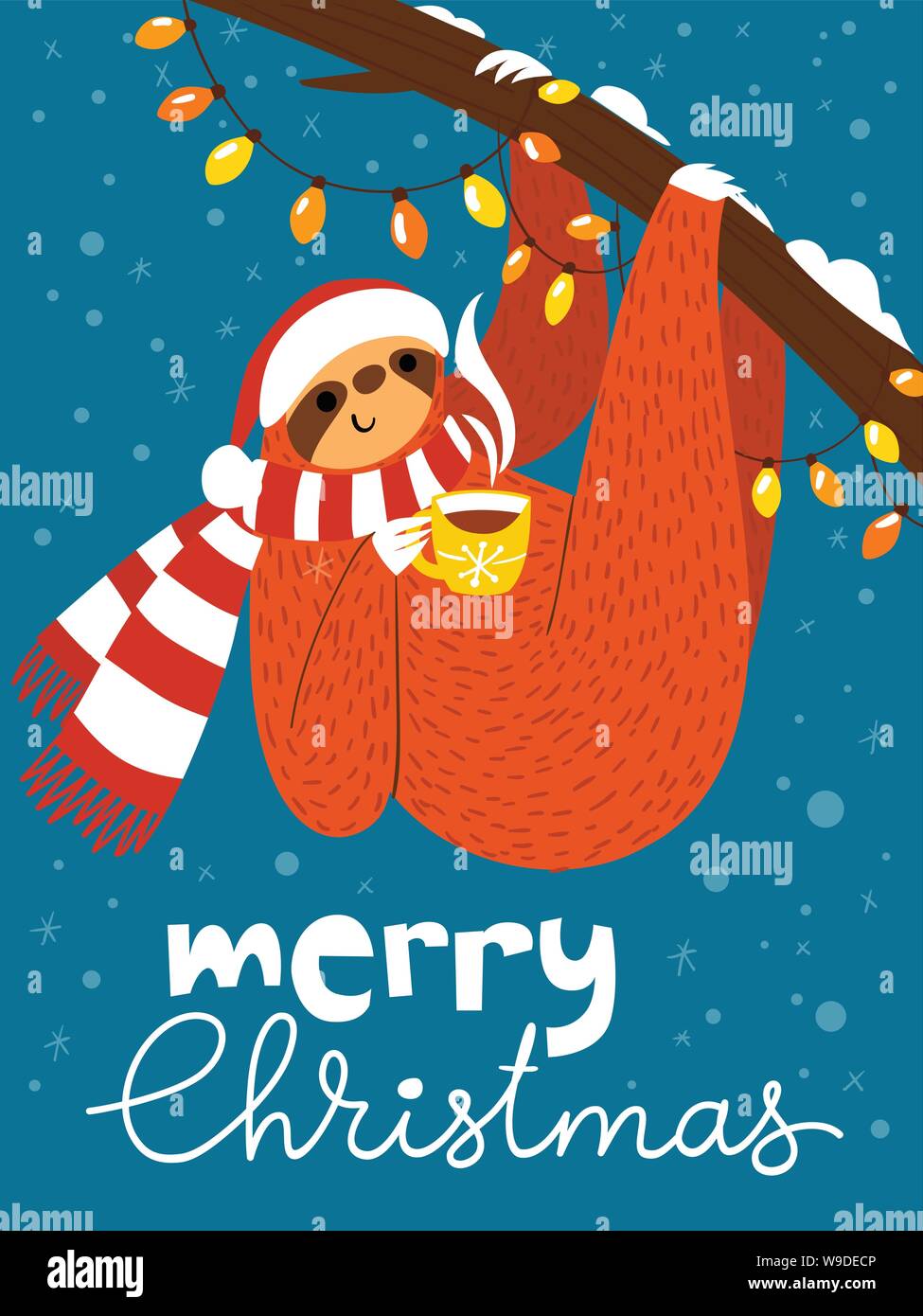 Vector Merry Christmas card with cute funny sloth with coffee cup Stock Vector